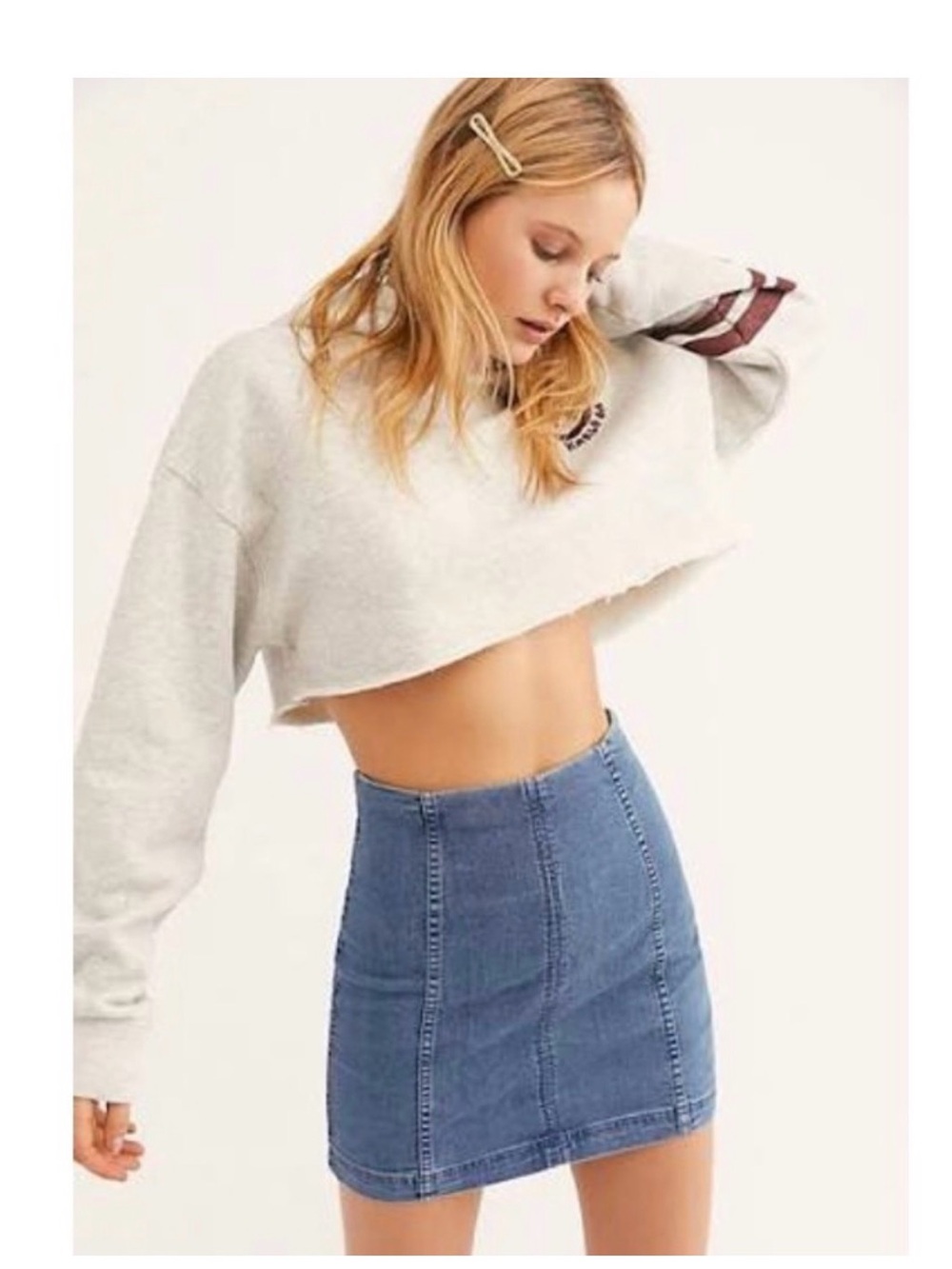 Free People Two-Tone Blue Denim Skirt with Brass Zipper